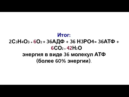 Итог: 2С3Н4О3 + 6О2 + 36АДФ + 36 Н3РО4= 36АТФ + 6СО2