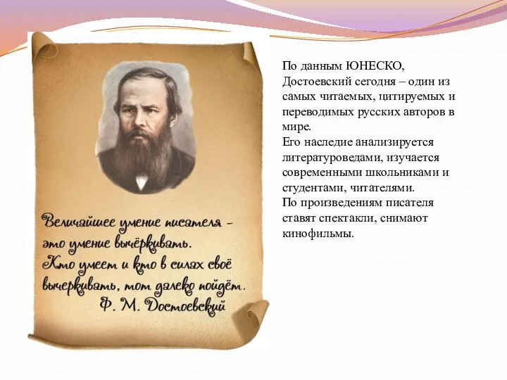 По данным ЮНЕСКО, Достоевский сегодня – один из самых читаемых, цитируемых и