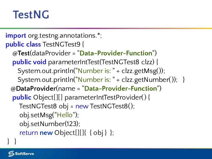 TestNG import org.testng.annotations.*; public class TestNGTest9 { @Test(dataProvider = "Data-Provider-Function") public void