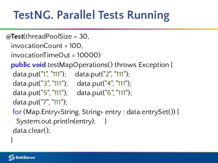 TestNG. Parallel Tests Running @Test(threadPoolSize = 30, invocationCount = 100, invocationTimeOut =