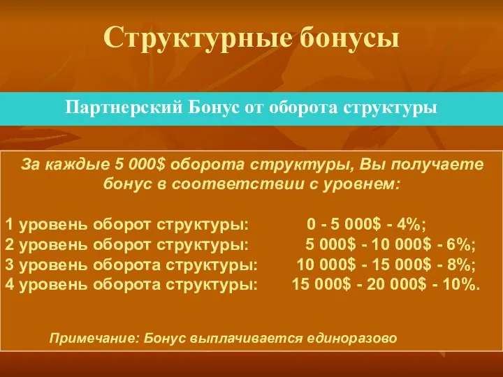 Структурные бонусы Партнерский Бонус от оборота структуры За каждые 5 000$ оборота