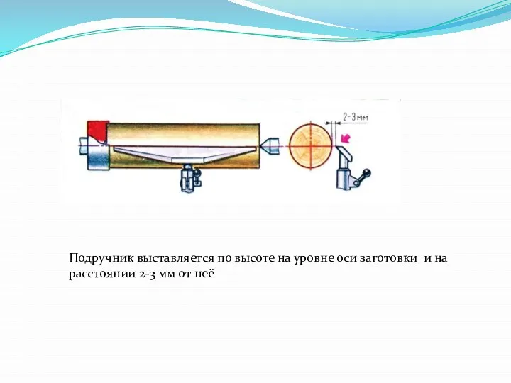 Подручник выставляется по высоте на уровне оси заготовки и на расстоянии 2-3 мм от неё