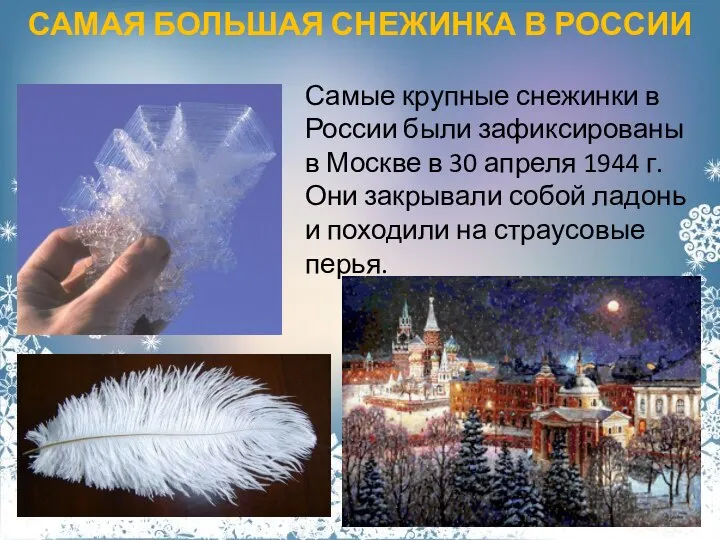 САМАЯ БОЛЬШАЯ СНЕЖИНКА В РОССИИ Самые крупные снежинки в России были зафиксированы