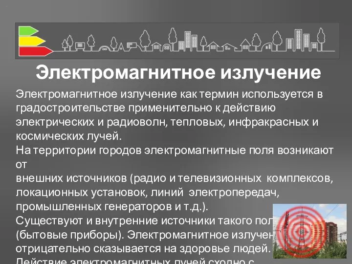 Электромагнитное излучение Электромагнитное излучение как термин используется в градостроительстве применительно к действию