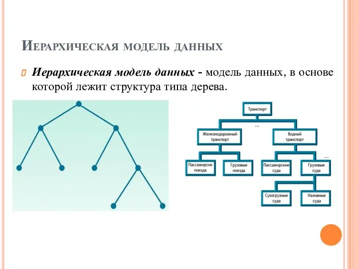 Иерархическая модель данных Иерархическая модель данных - модель данных, в основе которой лежит структура типа дерева.