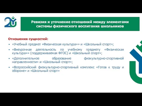 Отношения сущностей: «Учебный предмет «Физическая культура»» и «Школьный спорт»; «Внеурочная деятельность по