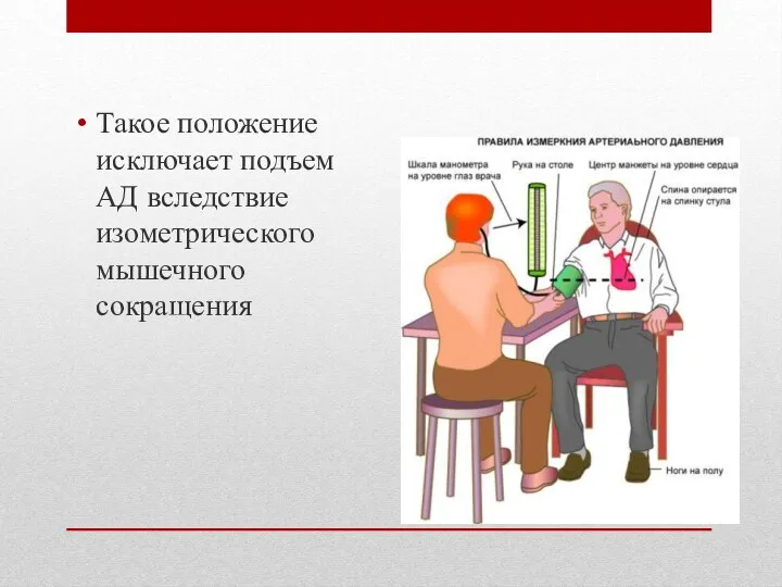 Такое положение исключает подъем АД вследствие изометрического мышечного сокращения