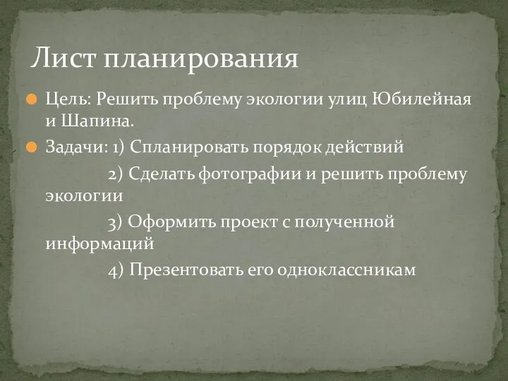 Цель: Решить проблему экологии улиц Юбилейная и Шапина. Задачи: 1) Спланировать порядок