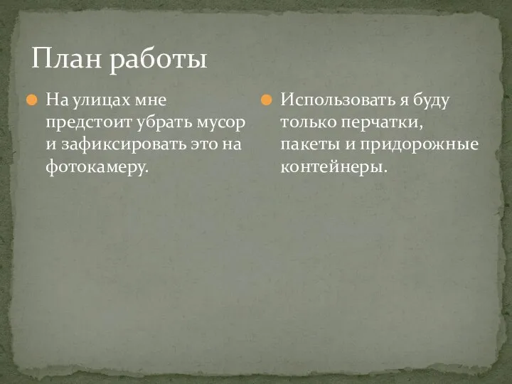 План работы На улицах мне предстоит убрать мусор и зафиксировать это на