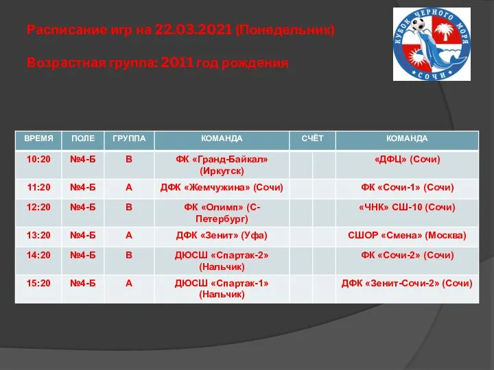 Расписание игр на 22.03.2021 (Понедельник) Возрастная группа: 2011 год рождения