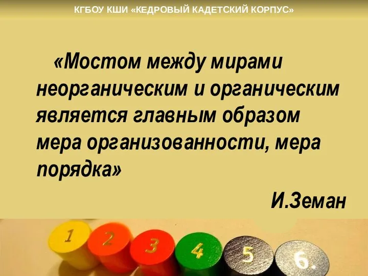 «Мостом между мирами неорганическим и органическим является главным образом мера организованности, мера порядка» И.Земан