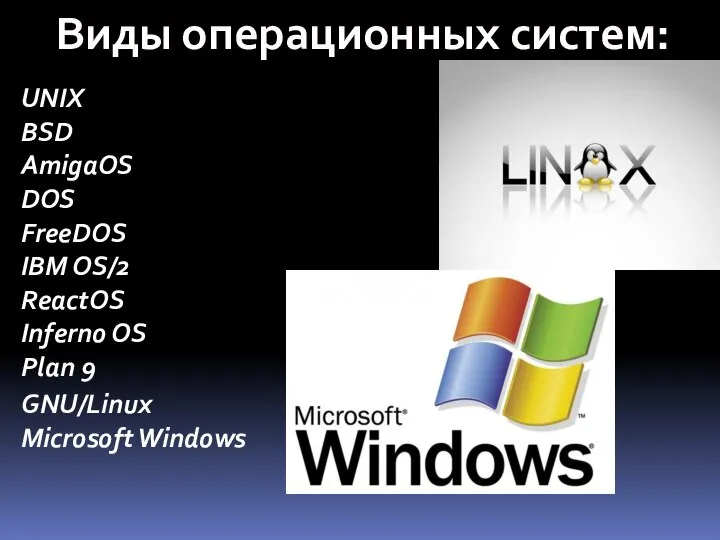 Виды операционных систем: UNIX BSD AmigaOS DOS FreeDOS IBM OS/2 ReactOS Inferno