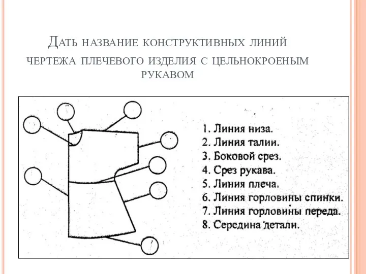 Дать название конструктивных линий чертежа плечевого изделия с цельнокроеным рукавом