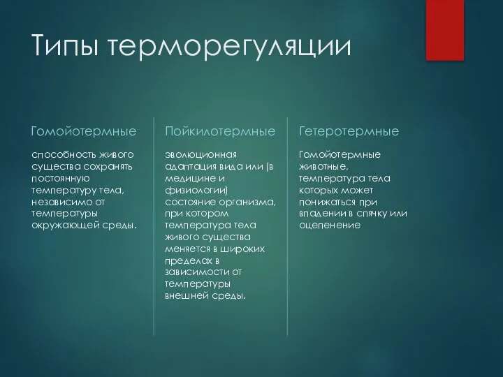 Типы терморегуляции Гомойотермные способность живого существа сохранять постоянную температуру тела, независимо от