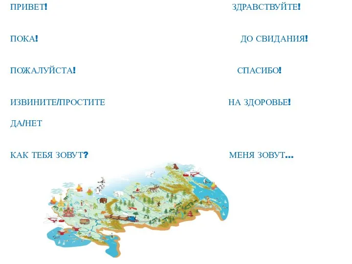 ПРИВЕТ! ЗДРАВСТВУЙТЕ! ПОКА! ДО СВИДАНИЯ! ПОЖАЛУЙСТА! СПАСИБО! ИЗВИНИТЕ/ПРОСТИТЕ НА ЗДОРОВЬЕ! ДА/НЕТ КАК ТЕБЯ ЗОВУТ? МЕНЯ ЗОВУТ…