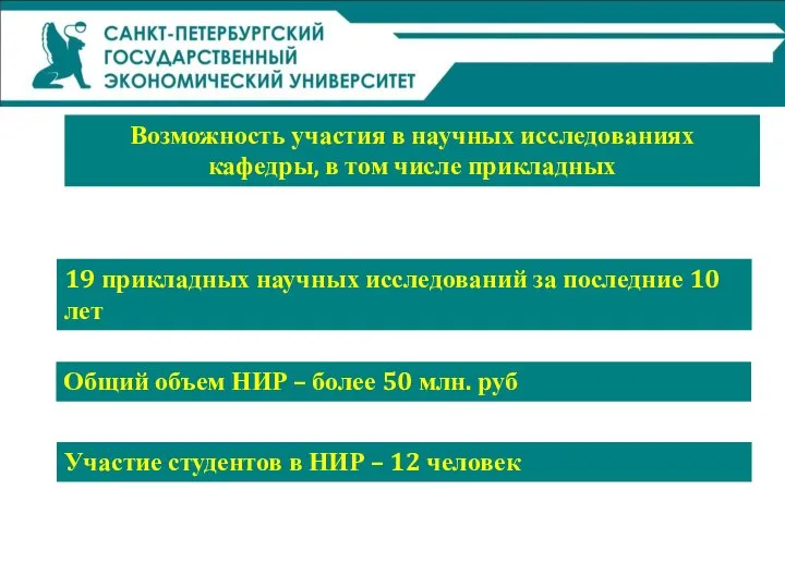 Возможность участия в научных исследованиях кафедры, в том числе прикладных 19 прикладных