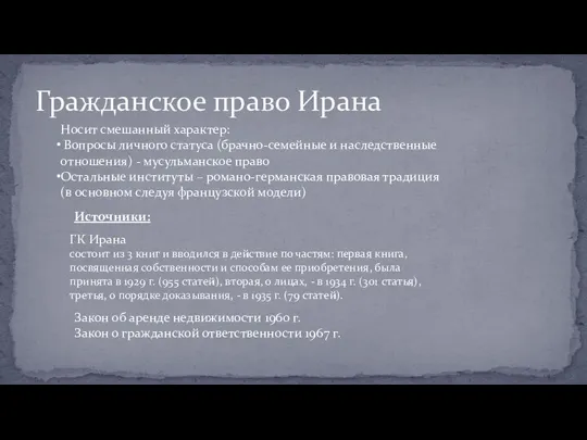 Гражданское право Ирана Носит смешанный характер: Вопросы личного статуса (брачно-семейные и наследственные