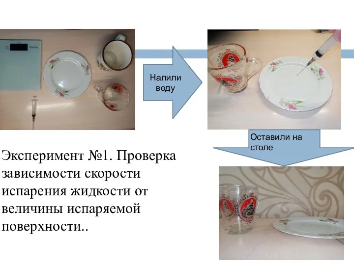 Эксперимент №1. Проверка зависимости скорости испарения жидкости от величины испаряемой поверхности.. Налили воду Оставили на столе