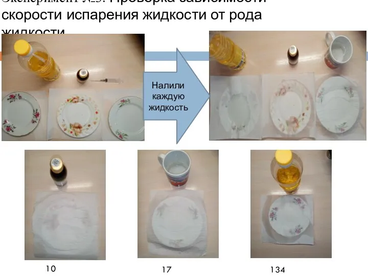 Эксперимент №3. Проверка зависимости скорости испарения жидкости от рода жидкости. Налили каждую