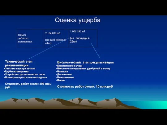 Оценка ущерба Технический этап рекультивации Засыпка карьера песком Грубая планировка Устройство растительного