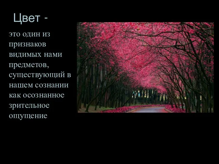 Цвет - это один из признаков видимых нами предметов, существующий в нашем