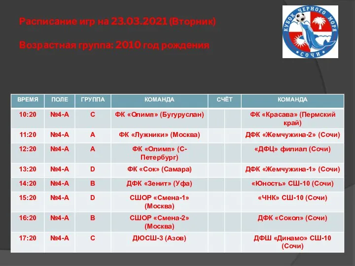 Расписание игр на 23.03.2021 (Вторник) Возрастная группа: 2010 год рождения