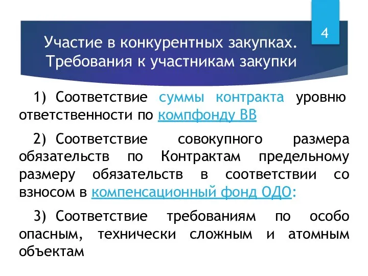 Участие в конкурентных закупках. Требования к участникам закупки 1) Соответствие суммы контракта