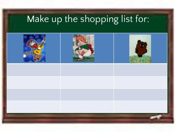 Make up the shopping list for: