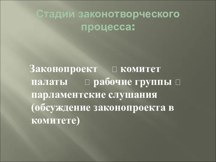 Стадии законотворческого процесса: Законопроект ? комитет палаты ? рабочие группы ? парламентские