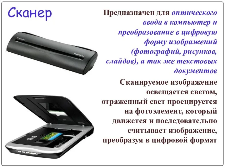 Сканер Предназначен для оптического ввода в компьютер и преобразование в цифровую форму