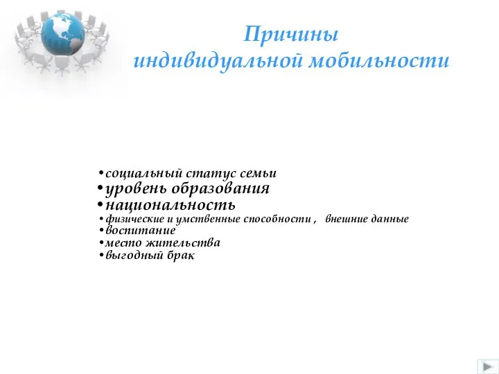 Причины индивидуальной мобильности социальный статус семьи уровень образования национальность физические и умственные