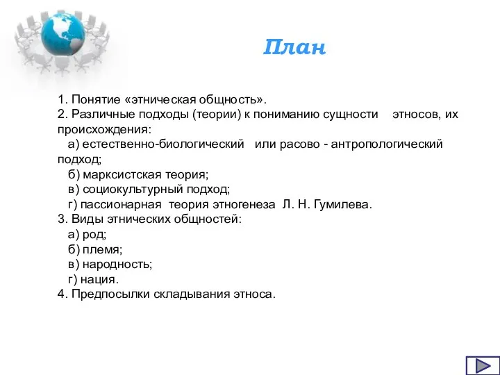 План 1. Понятие «этническая общность». 2. Различные подходы (теории) к пониманию сущности