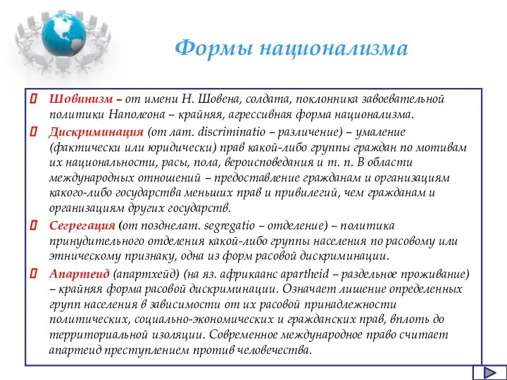 Формы национализма Шовинизм – от имени Н. Шовена, солдата, поклонника завоевательной политики