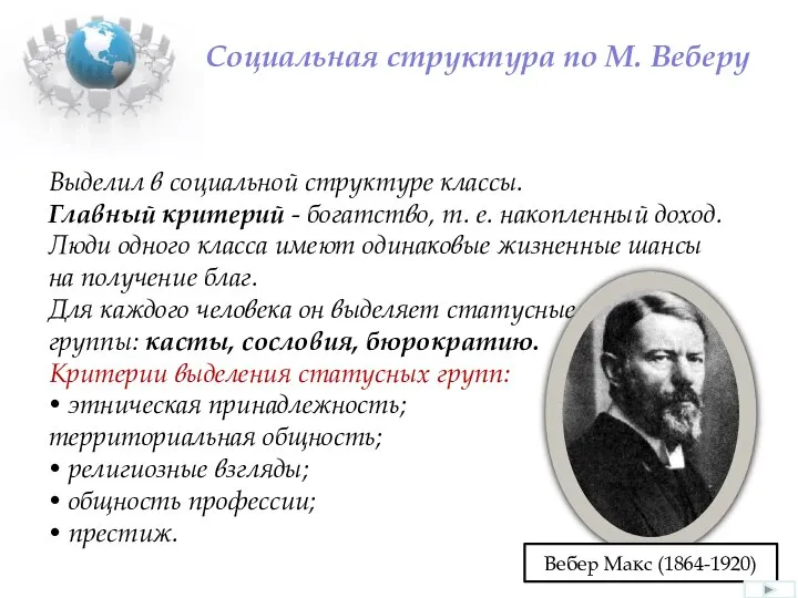 Социальная структура по М. Веберу Выделил в социальной структуре классы. Главный критерий