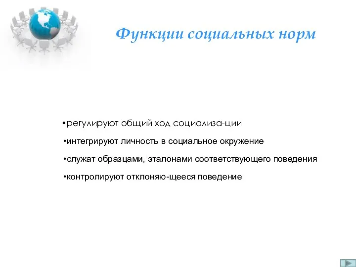 Функции социальных норм регулируют общий ход социализа-ции интегрируют личность в социальное окружение