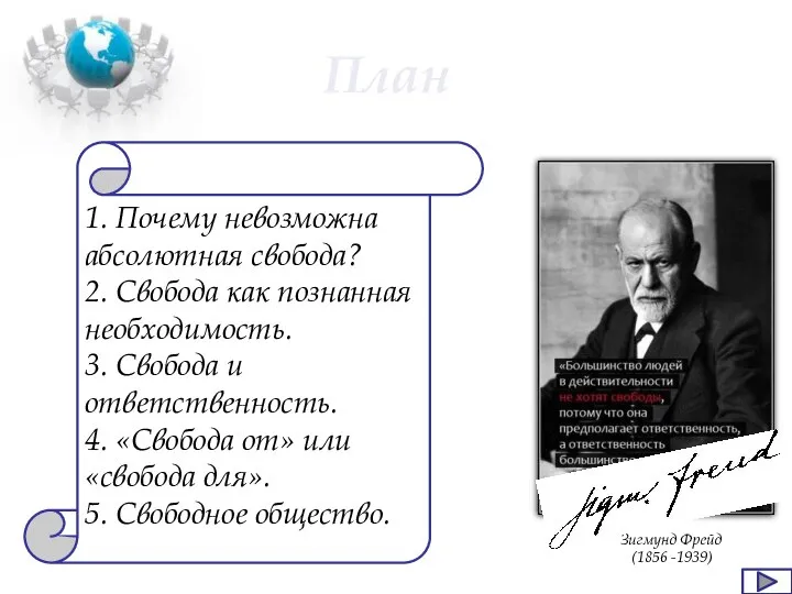 План 1. Почему невозможна абсолютная свобода? 2. Свобода как познанная необходимость. 3.