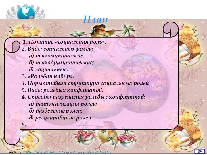 План 1. Понятие «социальная роль». 2. Виды социальных ролей: а) психоматические; б)