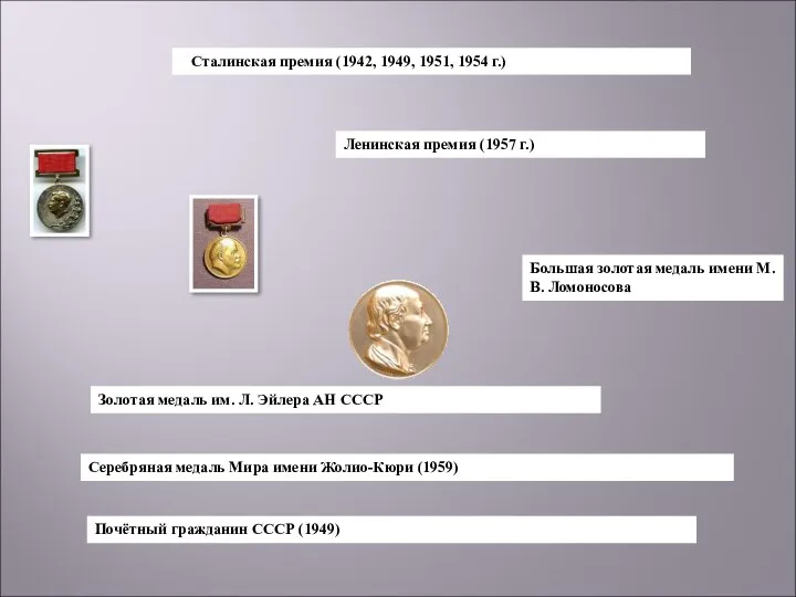 Сталинская премия (1942, 1949, 1951, 1954 г.) Ленинская премия (1957 г.) Большая