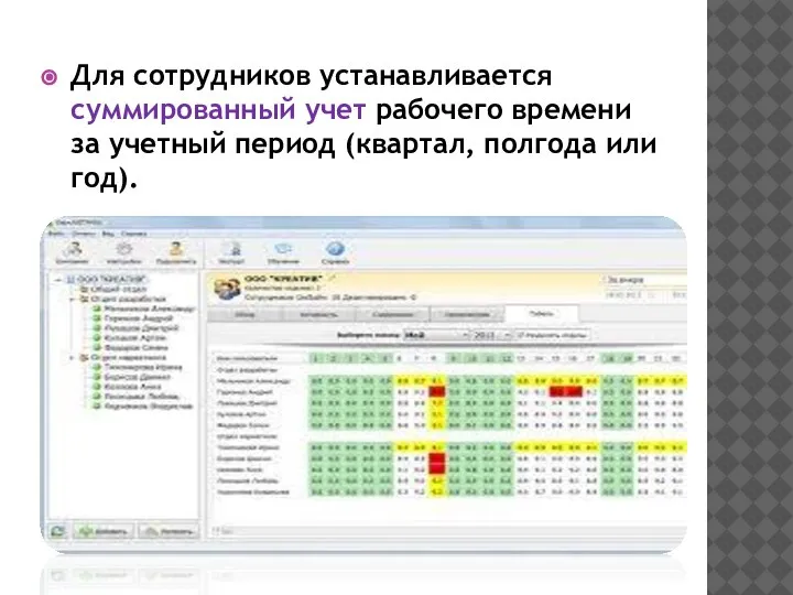 Для сотрудников устанавливается суммированный учет рабочего времени за учетный период (квартал, полгода или год).