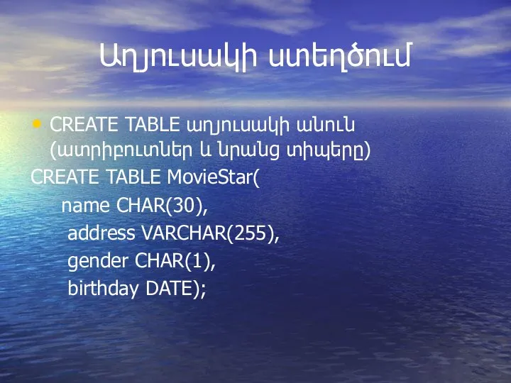 Աղյուսակի ստեղծում CREATE TABLE աղյուսակի անուն (ատրիբուտներ և նրանց տիպերը) CREATE TABLE