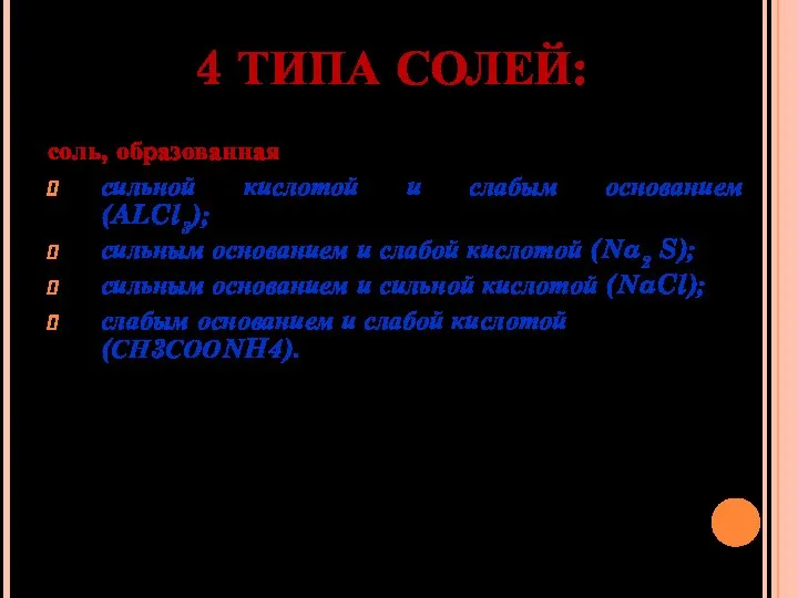 4 ТИПА СОЛЕЙ: соль, образованная сильной кислотой и слабым основанием (ALCl3); сильным