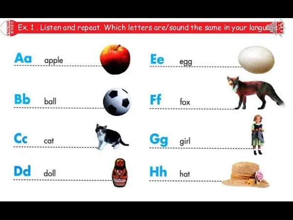 Ex. 1 . Listen and repeat. Which letters are/sound the same in your language?