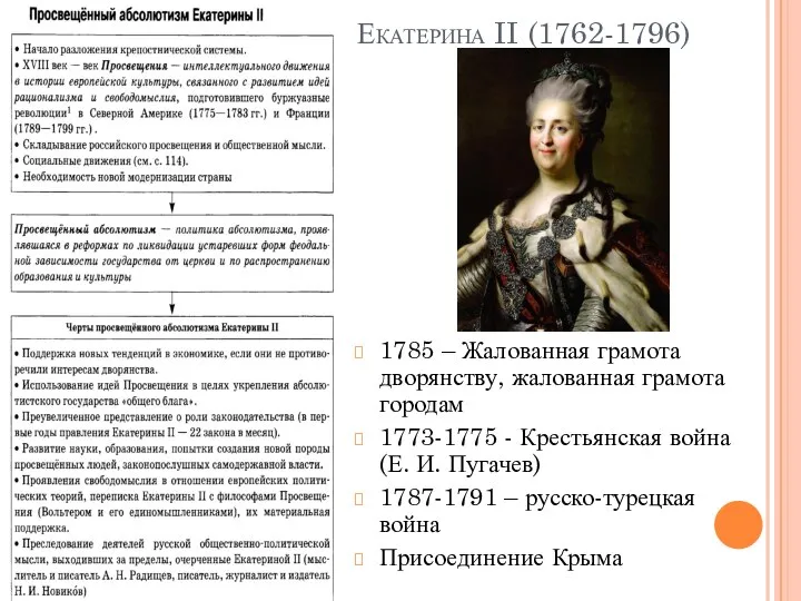 Екатерина II (1762-1796) 1785 – Жалованная грамота дворянству, жалованная грамота городам 1773-1775