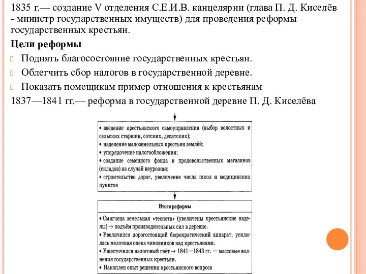 1835 г.— создание V отделения С.Е.И.В. канцелярии (глава П. Д. Киселёв -