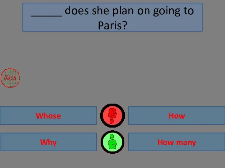 How Why How many Whose _____ does she plan on going to Paris?