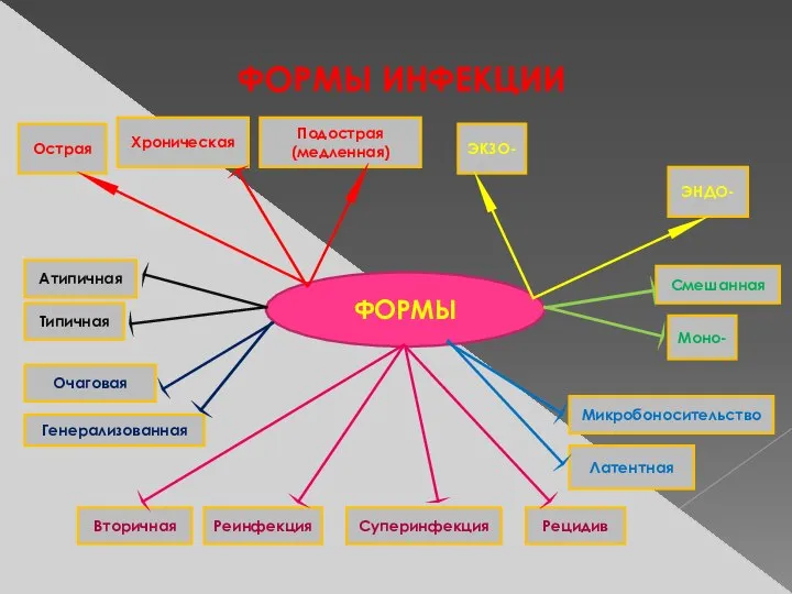 ФОРМЫ ИНФЕКЦИИ ФОРМЫ ЭКЗО- ЭНДО- Острая Хроническая Подострая (медленная) Смешанная Моно- Микробоносительство