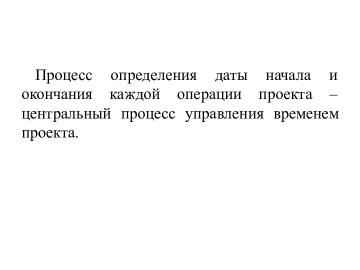 Процесс определения даты начала и окончания каждой операции проекта –центральный процесс управления временем проекта.