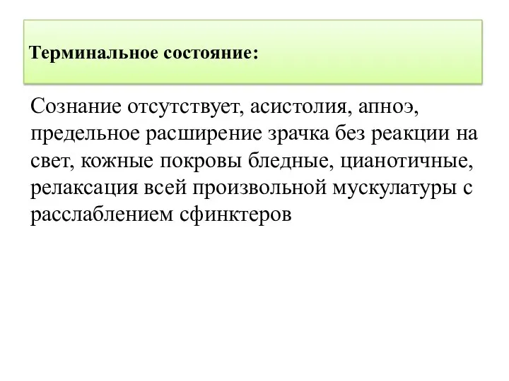 Терминальное состояние: Сознание отсутствует, асистолия, апноэ, предельное расширение зрачка без реакции на