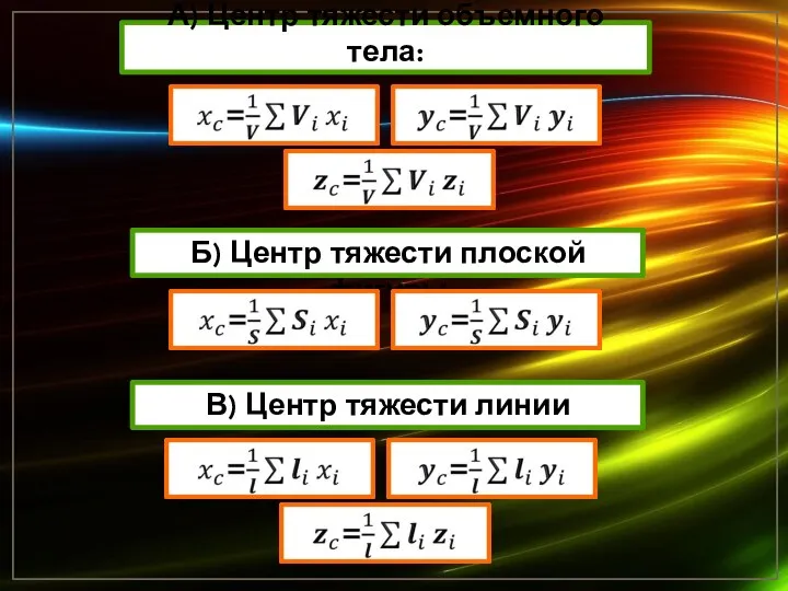 А) Центр тяжести объемного тела: Б) Центр тяжести плоской фигуры В) Центр тяжести линии