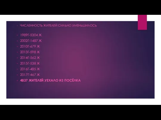 ЧИСЛЕННОСТЬ ЖИТЕЛЕЙ СИЛЬНО УМЕНЬШИЛОСЬ 1989Г-5304 Ж 2002Г-1487 Ж 2010Г-679 Ж 2013Г-598 Ж